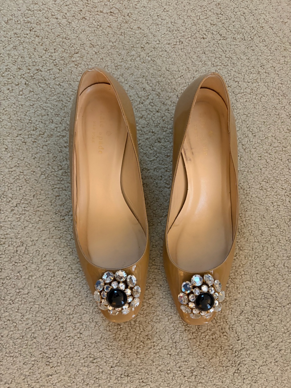 kate spade Tan Patent Leather Jeweled Toe Pumps